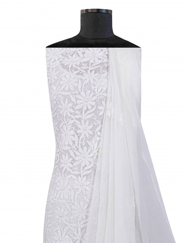 Ada Hand Embroidered White Georgette Lucknowi Chikan Unstitched Suit Piece A611802