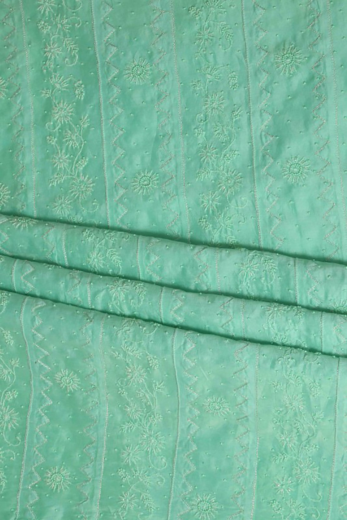 Ada Hand Embroidered Sea Green Chanderi Lucknowi Chikankari Unstitched Kurta Dupatta Set With Pearl Work A497227