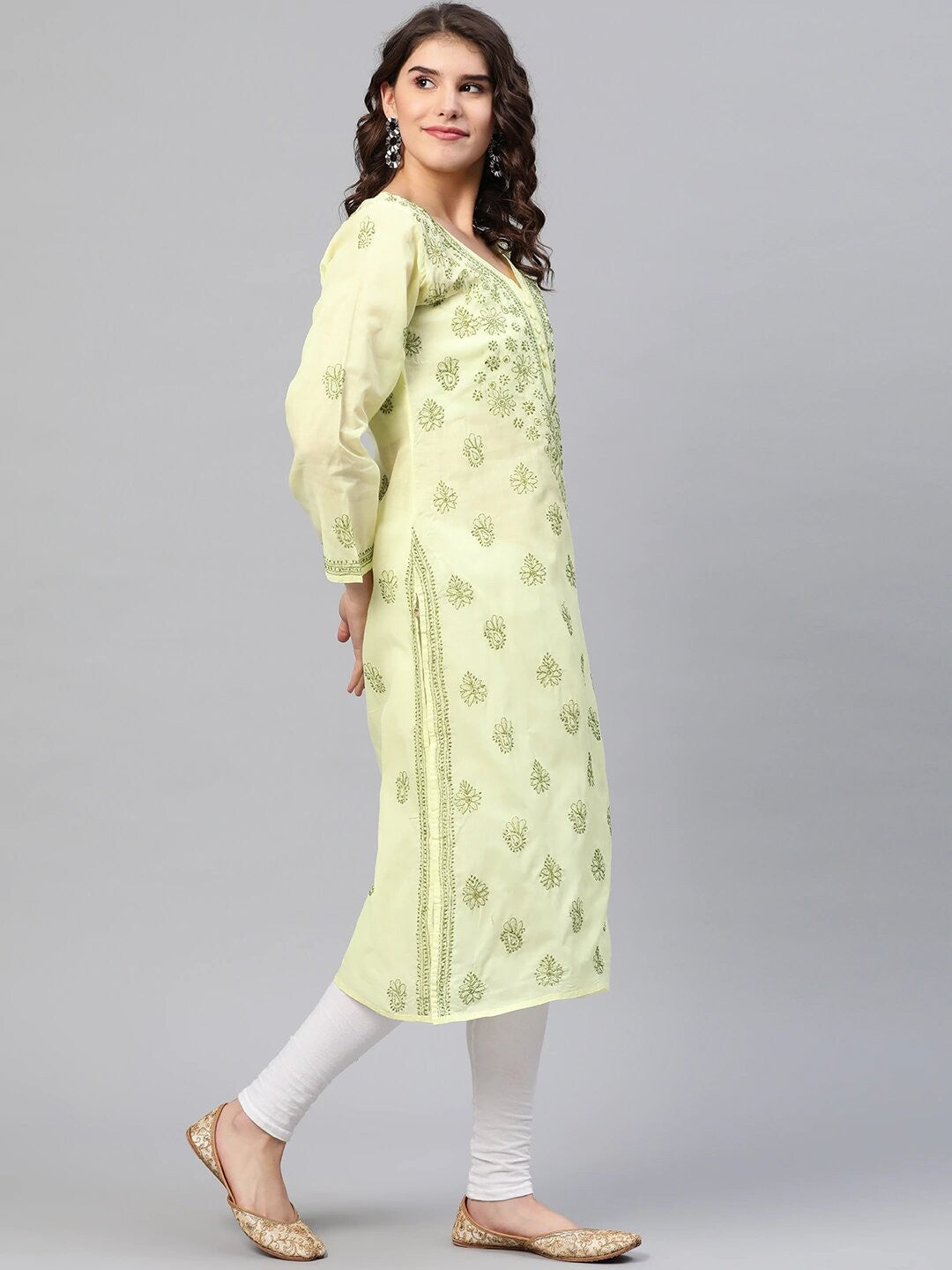 Ada Hand Embroidered Lemon Cotton Lucknowi Chikankari Straight Kurta A275710