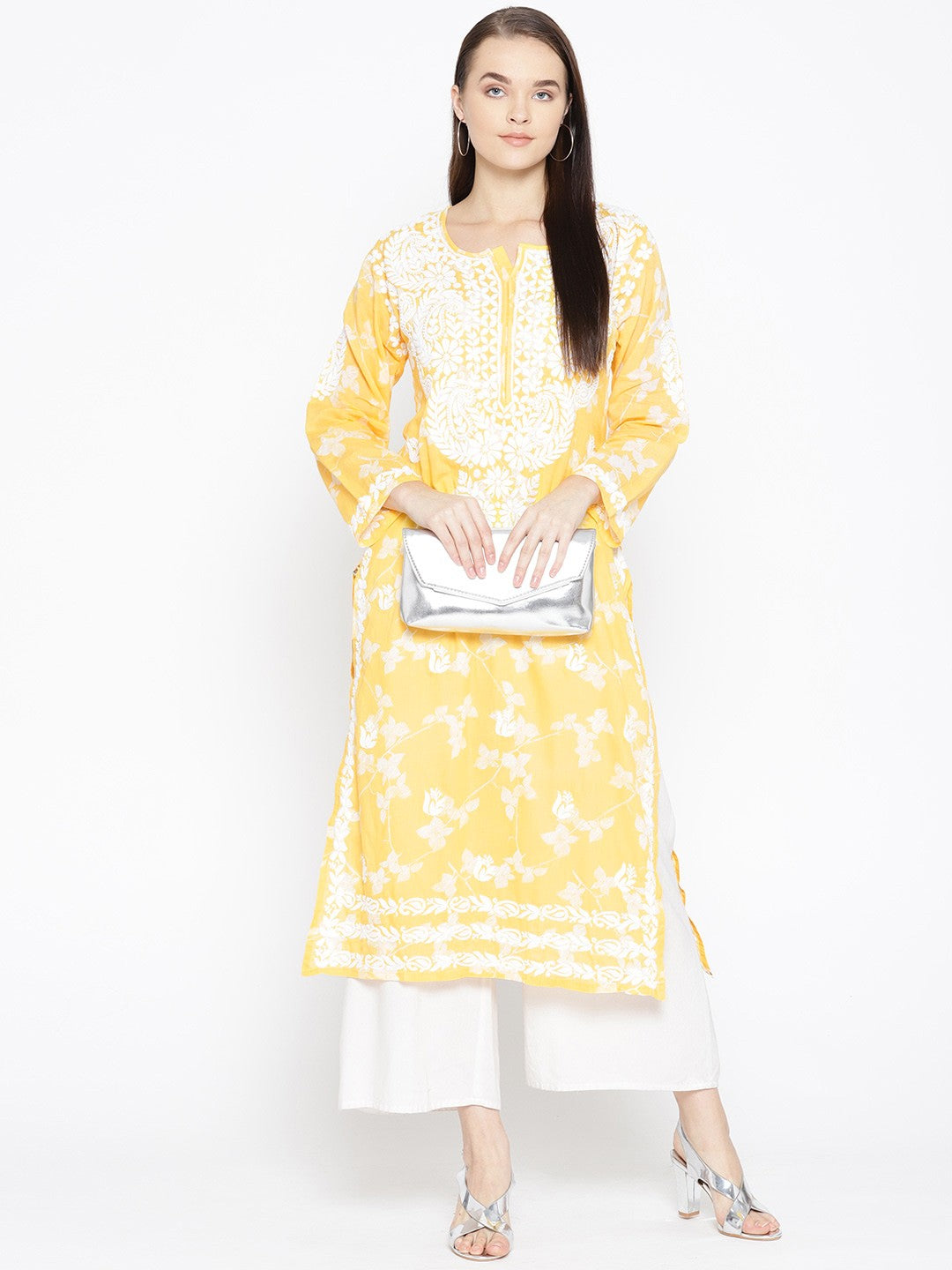 Ada Hand Embroidered Yellow Cotton Lucknowi Chikankari Straight Kurta A100111