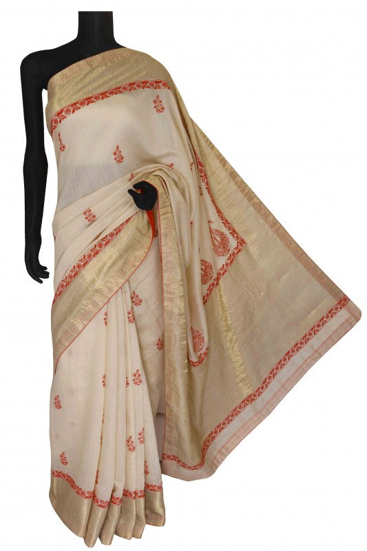Ada Hand Embroidered Fawn Moonga Silk Lucknowi Chikankari Saree With Blouse-A91762