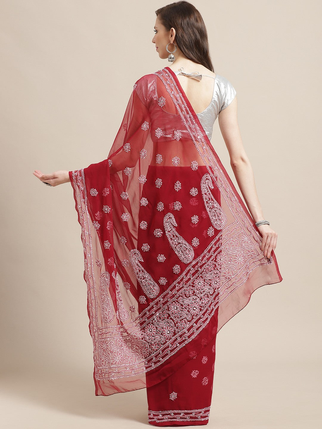 Ada Hand Embroidered Maroon Georgette Lucknow Chikan Saree with Blouse A100544