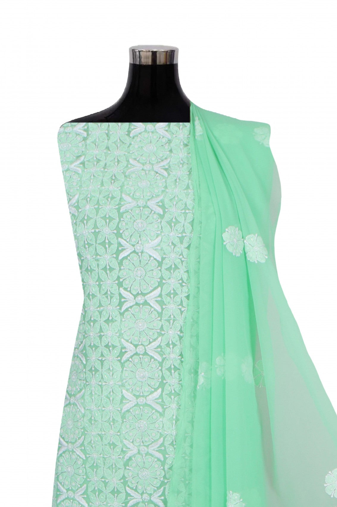 Ada Hand Embroidered Bright Green Georgette Lucknowi Chikankari Unstitched Suit Piece With Pearl Work 01A271033