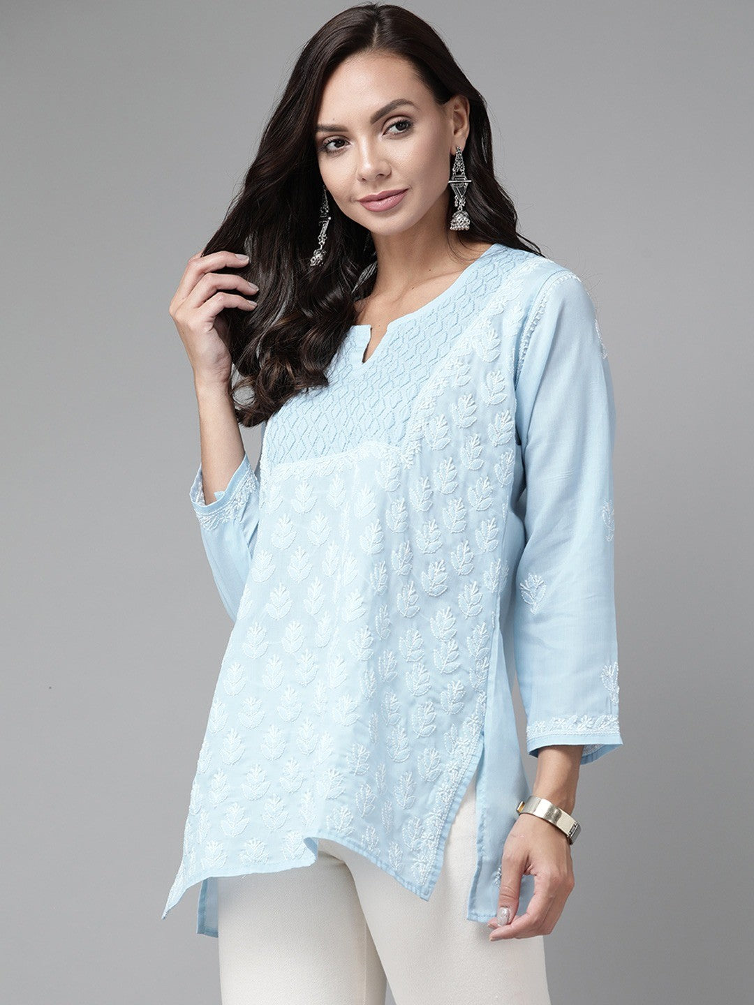 Ada Hand Embroidered Sky Blue Cotton Lucknowi Chikankari Short Kurti A911217
