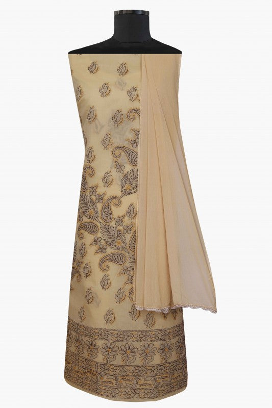 Ada Hand Embroidered Fawn Cotton Lucknowi Chikan Unstitched Suit Piece–A100153