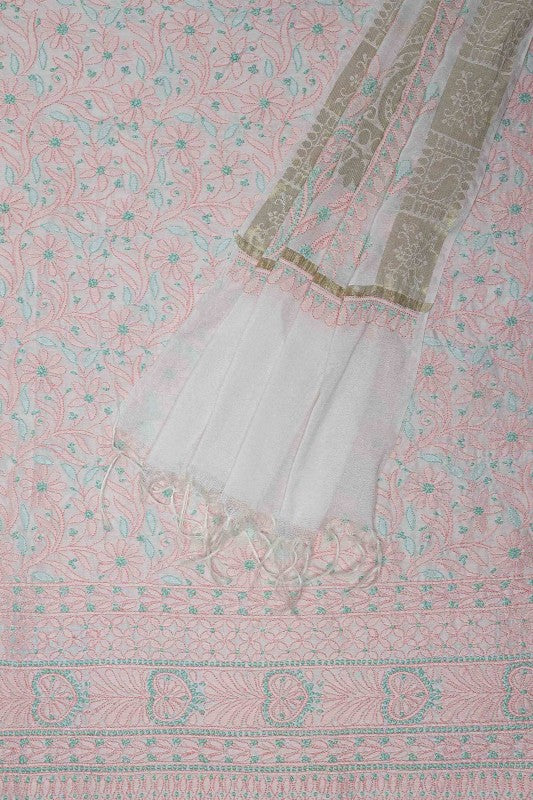 Ada Hand Embroidered White Chanderi Lucknowi Chikan Unstitched Kurta Dupatta– A586576