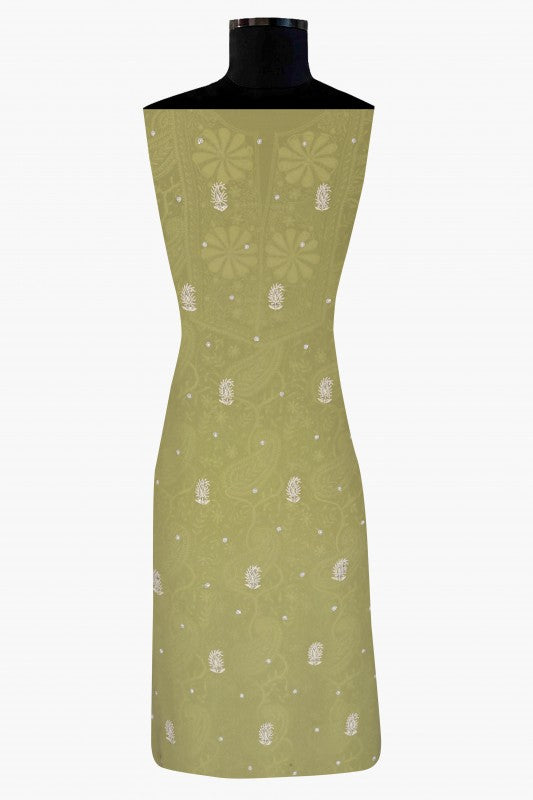 Ada Hand Embroidered Sage Green Pure Georgette Chikan Unstitched Kurta Dupatta Set with Sequinned Work - A511812