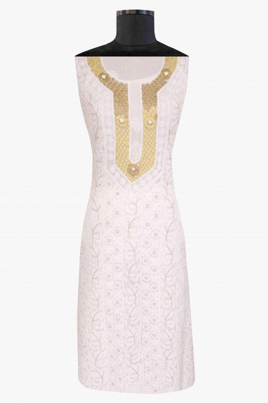 Ada Hand Embroidered White Georgette Lucknowi Chikan Unstitched Kurta Dupatta Set With Pearl Work A579385