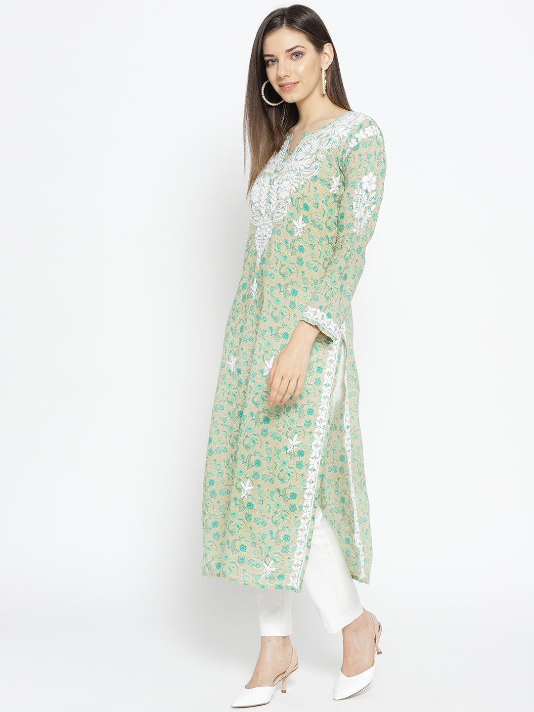 Ada Hand Embroidered Fawn Green Cotton Lucknowi Chikankari Kurta- A100029