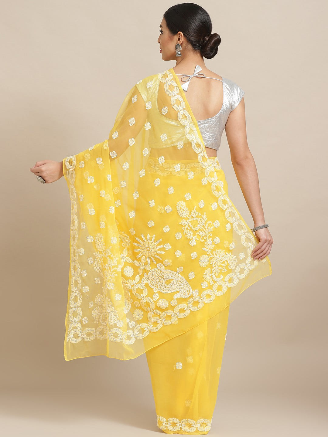 Ada Hand Embroidered Yellow Georgette Lucknowi Chikankari Saree with Blouse A129556