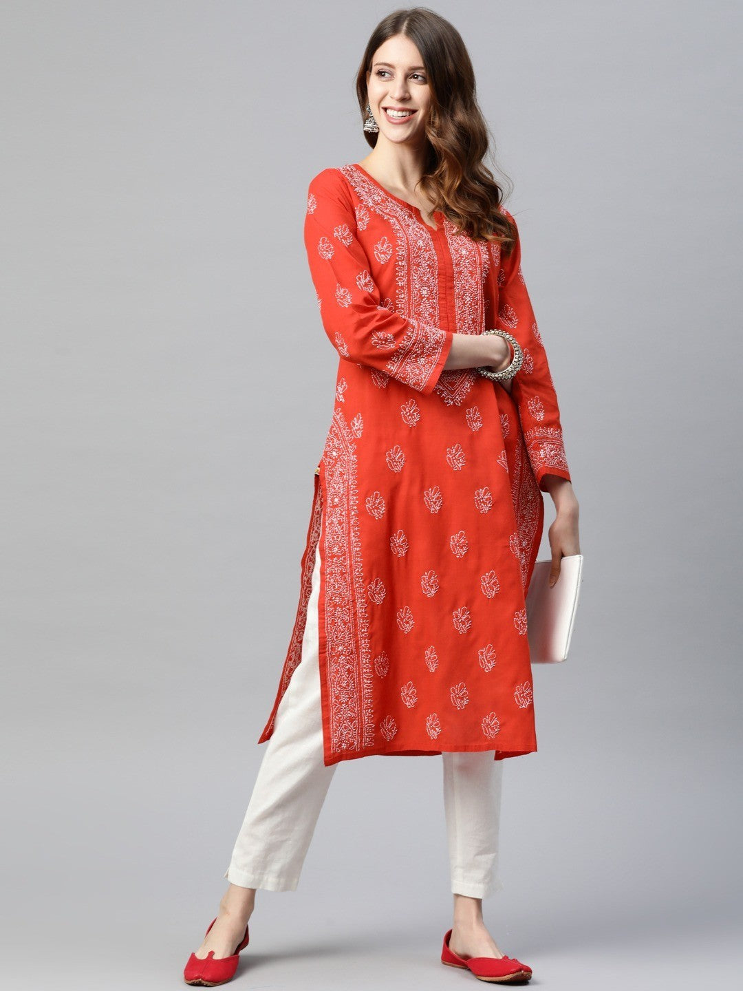 Ada Hand Embroidered Red Cotton Lucknowi Chikan straight Kurta A220800