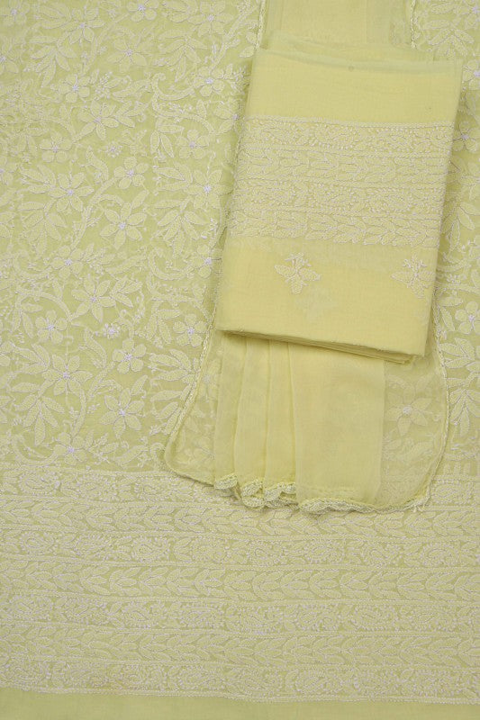 Ada Hand Embroidered Lemon Cotton Lucknowi Chikan Unstitched Suit Piece A620501