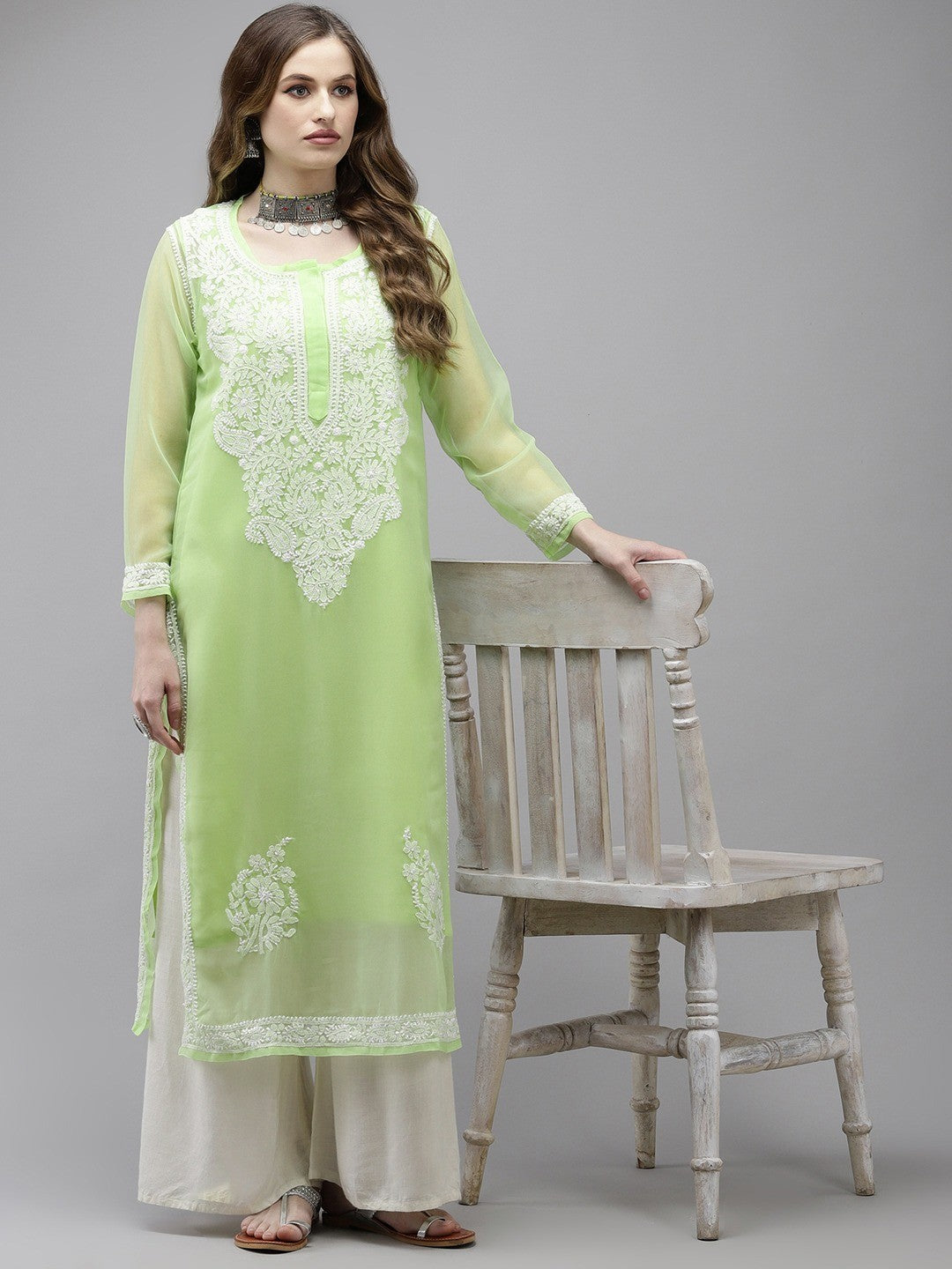 Ada Hand Embroidered Parrot Green Georgette Lucknowi Chikankari Straight Kurta With Slip A411365