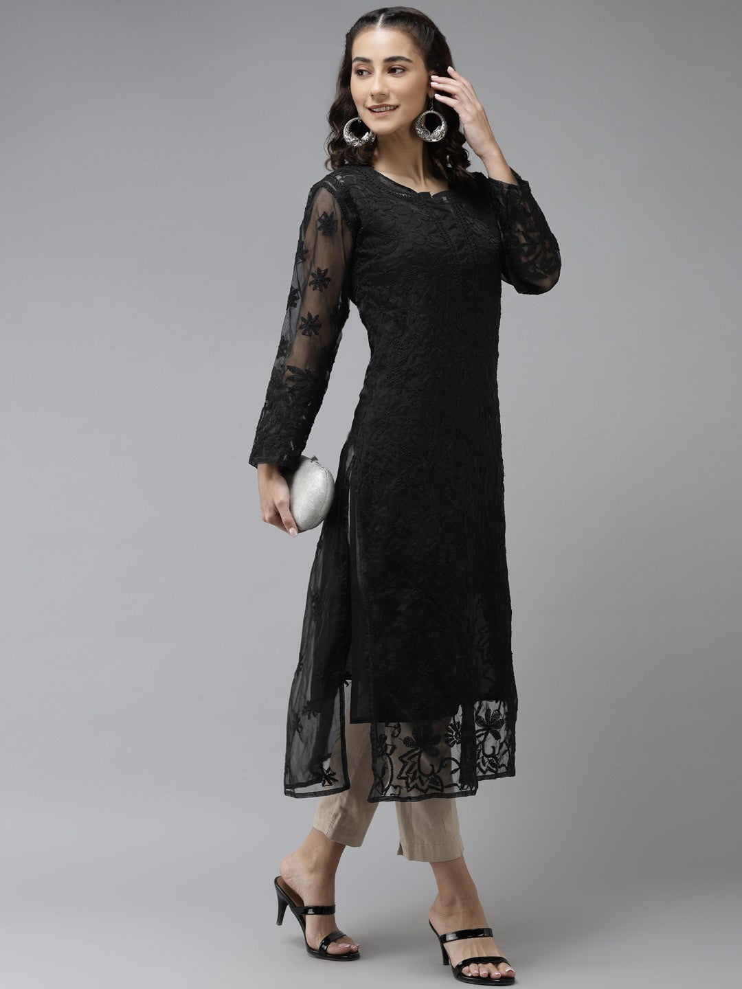 Ada Hand Embroidered Black Organza Lucknowi Chikankari Straight Kurta With Slip A411236