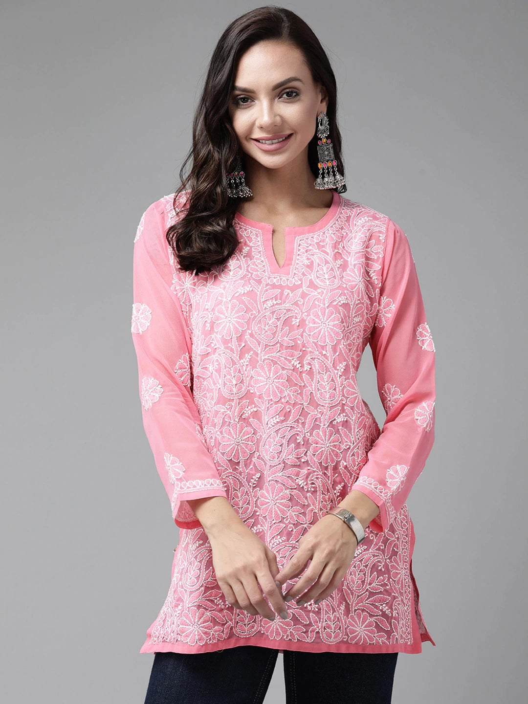 Ada Hand Embroidered Rose Pink Georgette Lucknowi Chikankari Straight Kurti A911225