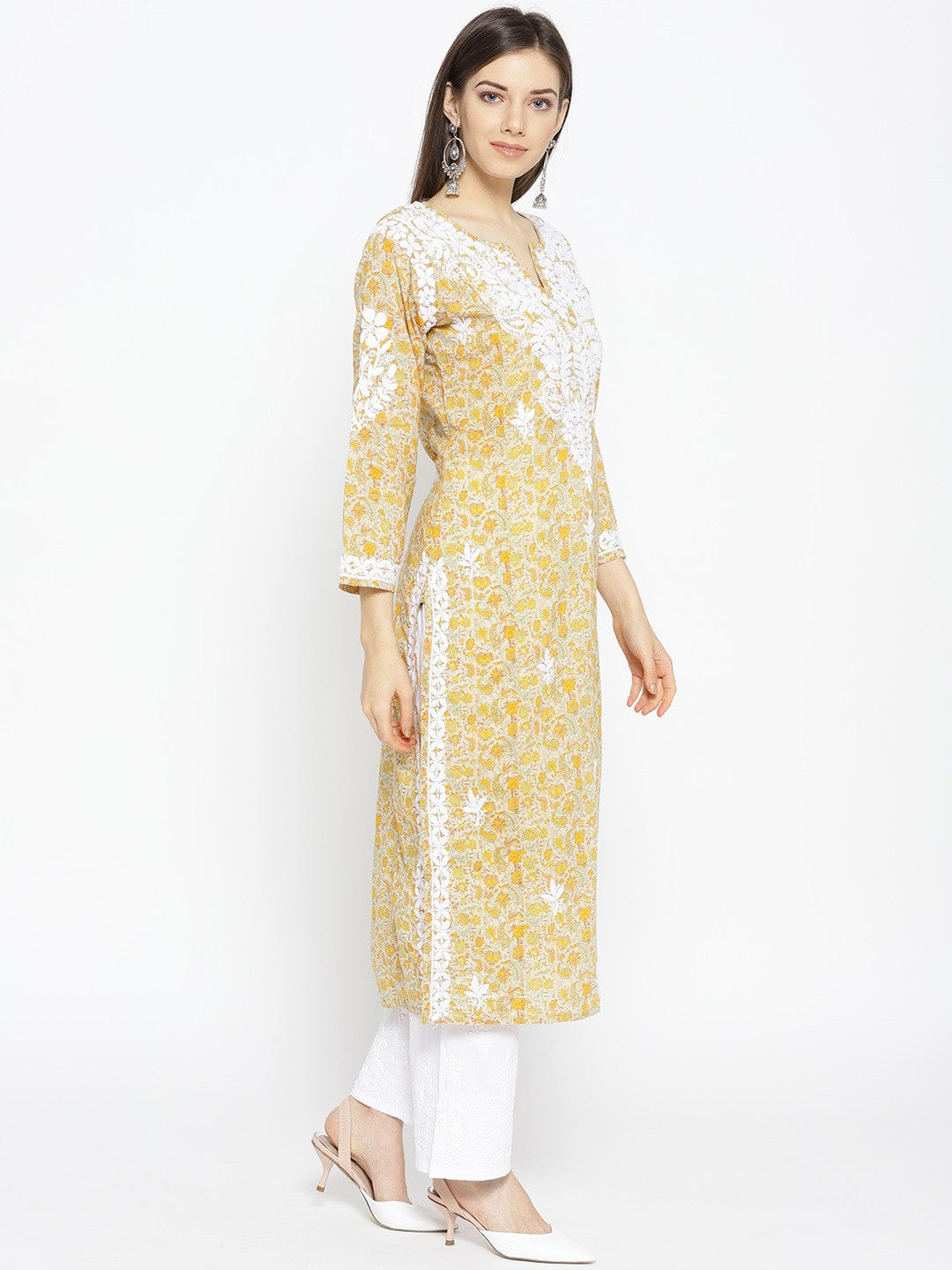 Ada Hand Embroidered Fawn Yellow Cotton Lucknow Chikankari Kurta- A100031